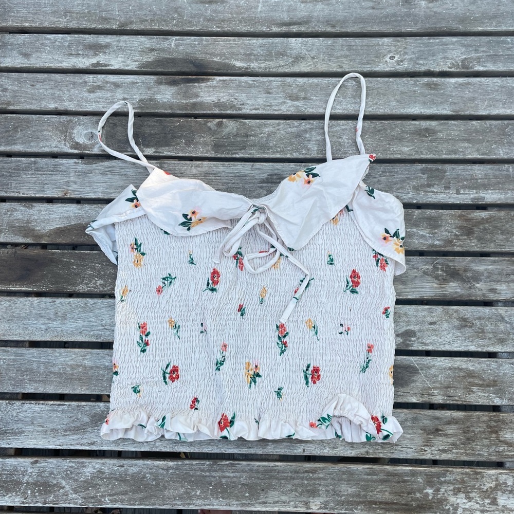 Zara Floral Cottagecore Smocked Bodice Ruffle Trim Top